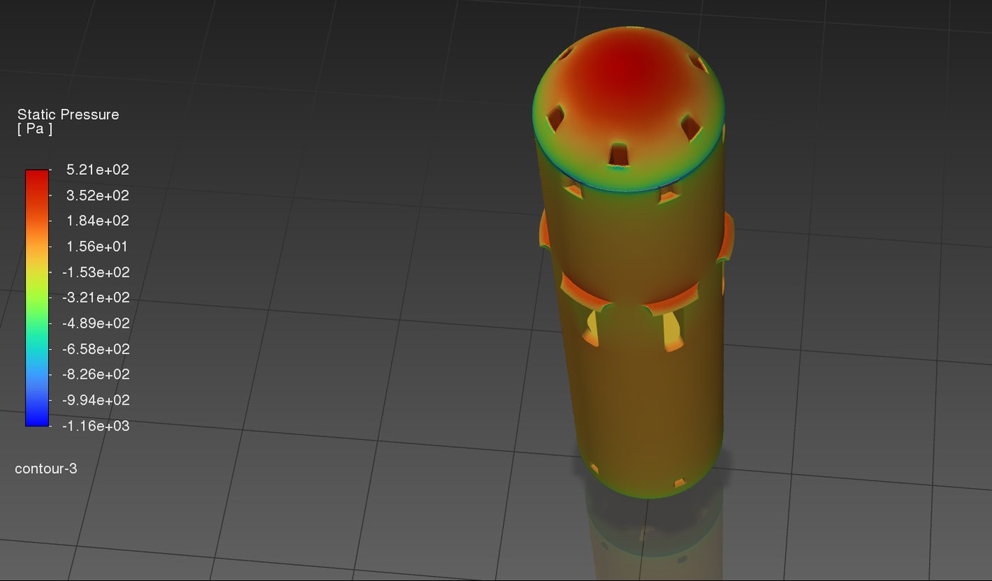 Static pressure contour on the nose dome showing the stagnation region.