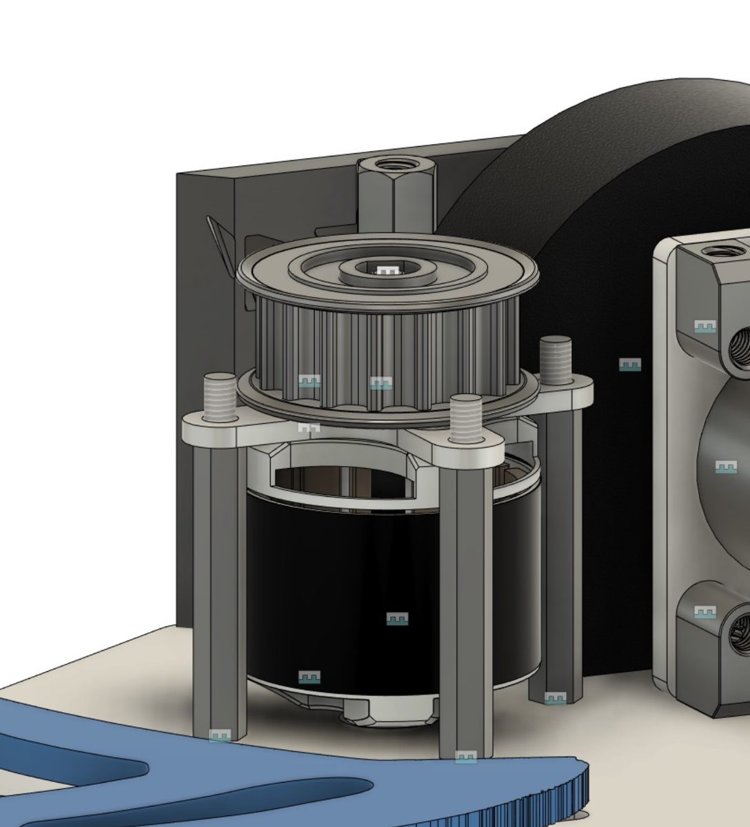 CAD detail of the weapon drive: belt and pulley stack above the motor can, carried on posts off the base plate.