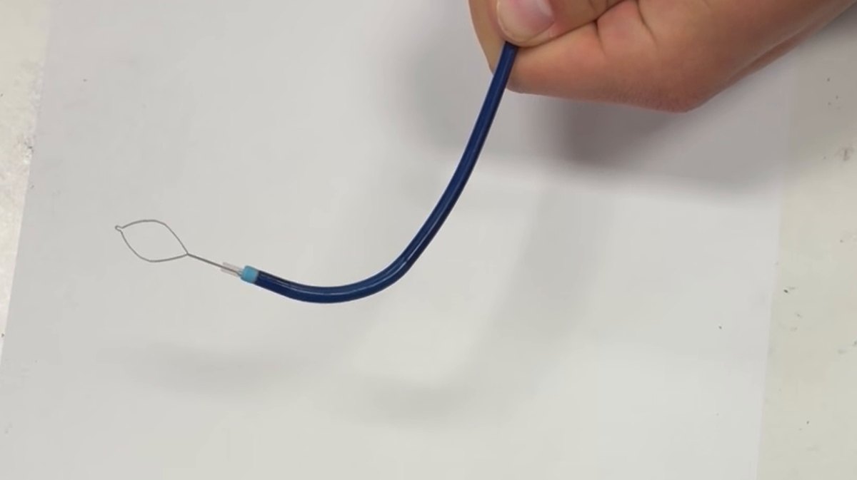 The final 3.4 mm sheath: distal tip deflected, snare loop deployed past the steerable section.