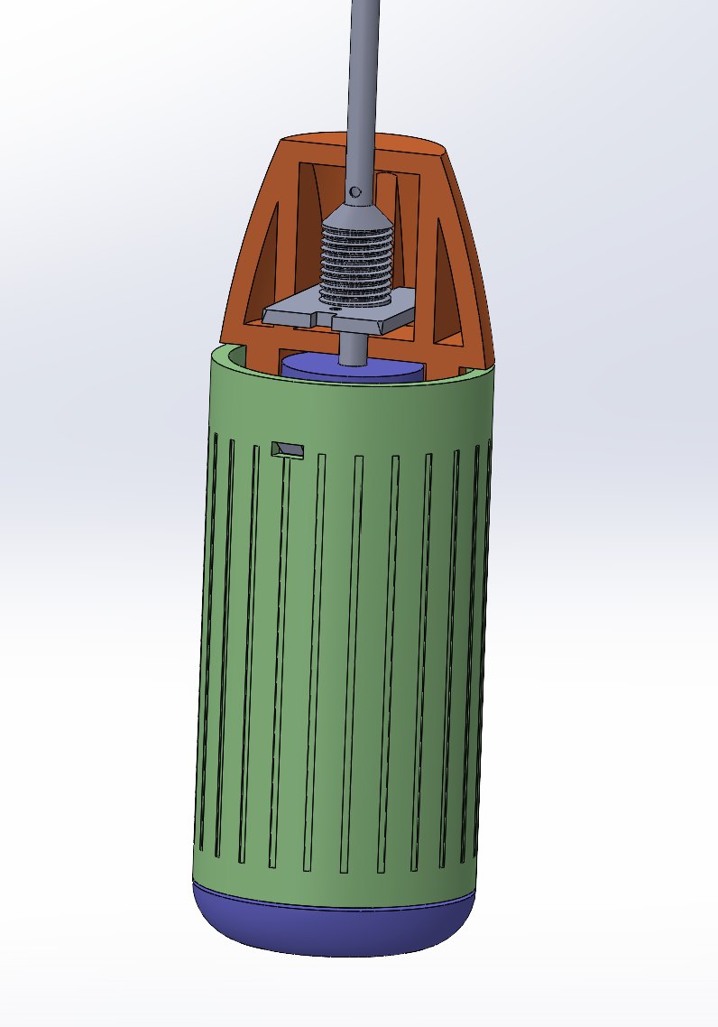 Isometric view of the actuation handle assembly with the upper frame open, showing the threaded drive and the gripped body.