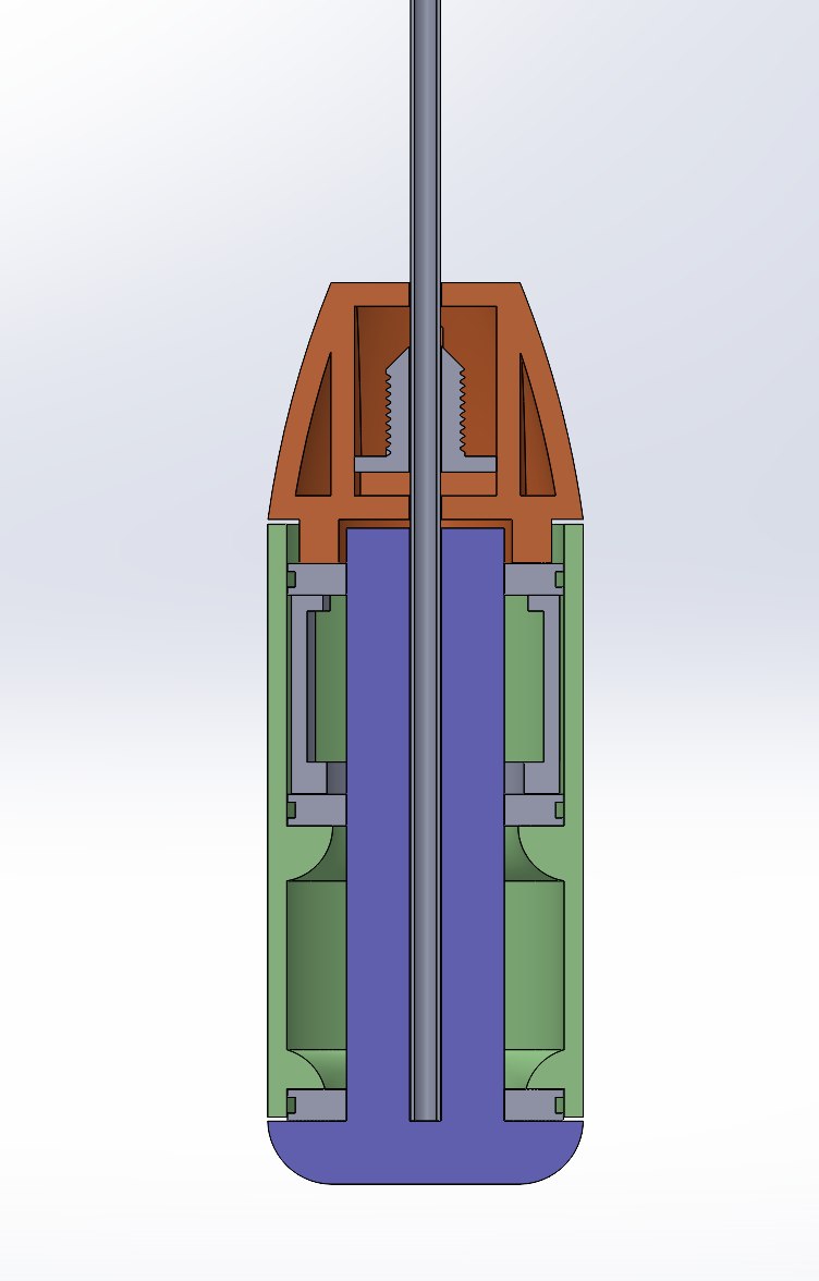 Section view through the actuation handle: the threaded spool and pull-wire take-up at the top, the body and internal components below.